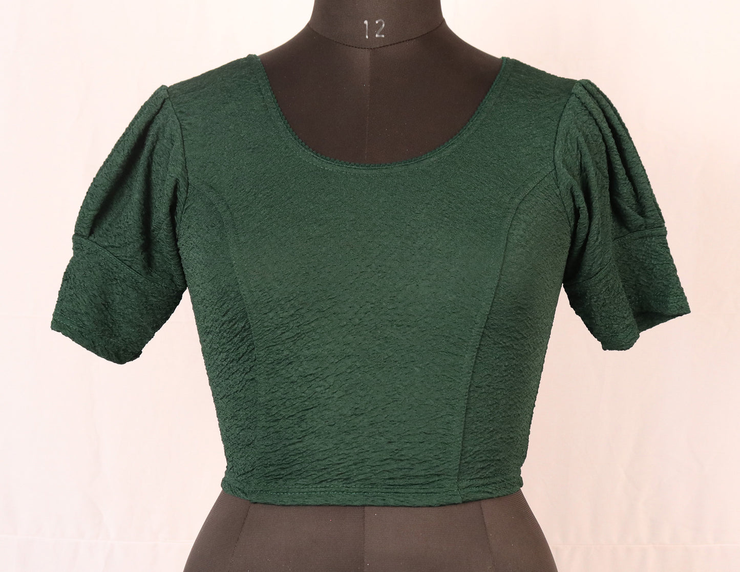 Stylish Textured Fabric Puff Shoulder Green Blouse for Women