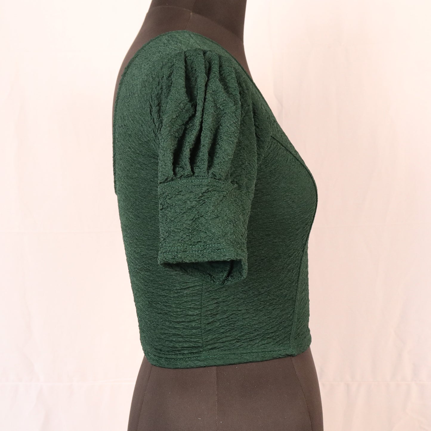 Stylish Textured Fabric Puff Shoulder Green Blouse for Women