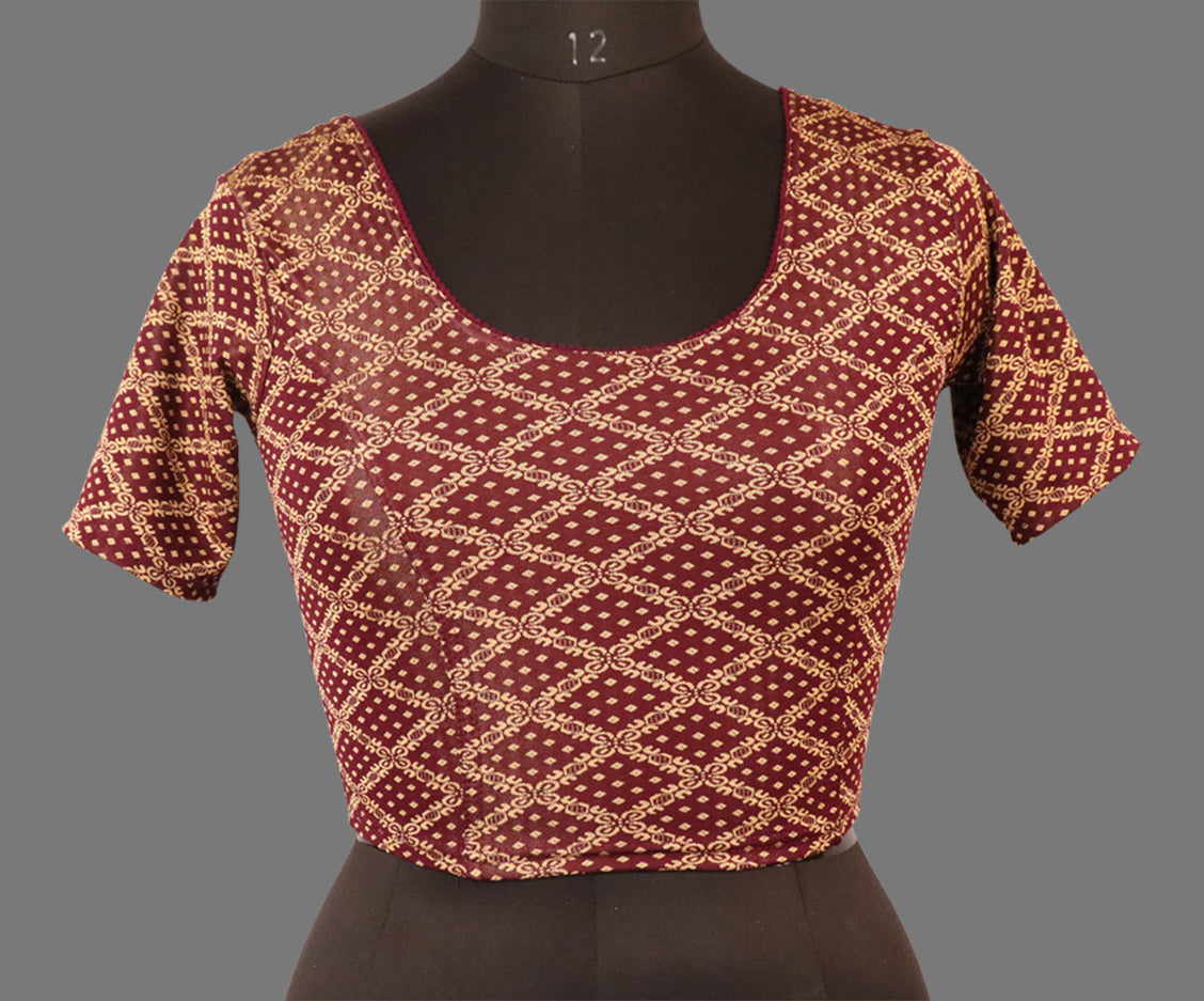 Women's Wine & Gold Jacquard Stretchable Lycra Readymade Blouse