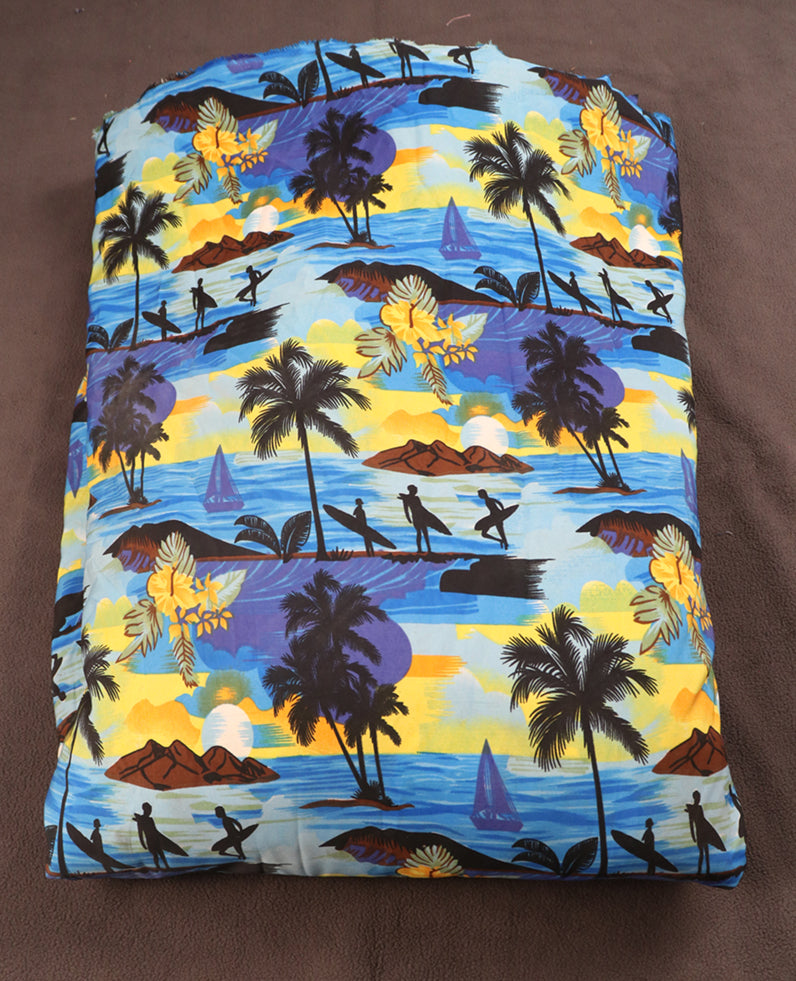 Surfer & Tropical Island Scenic Print Fabric