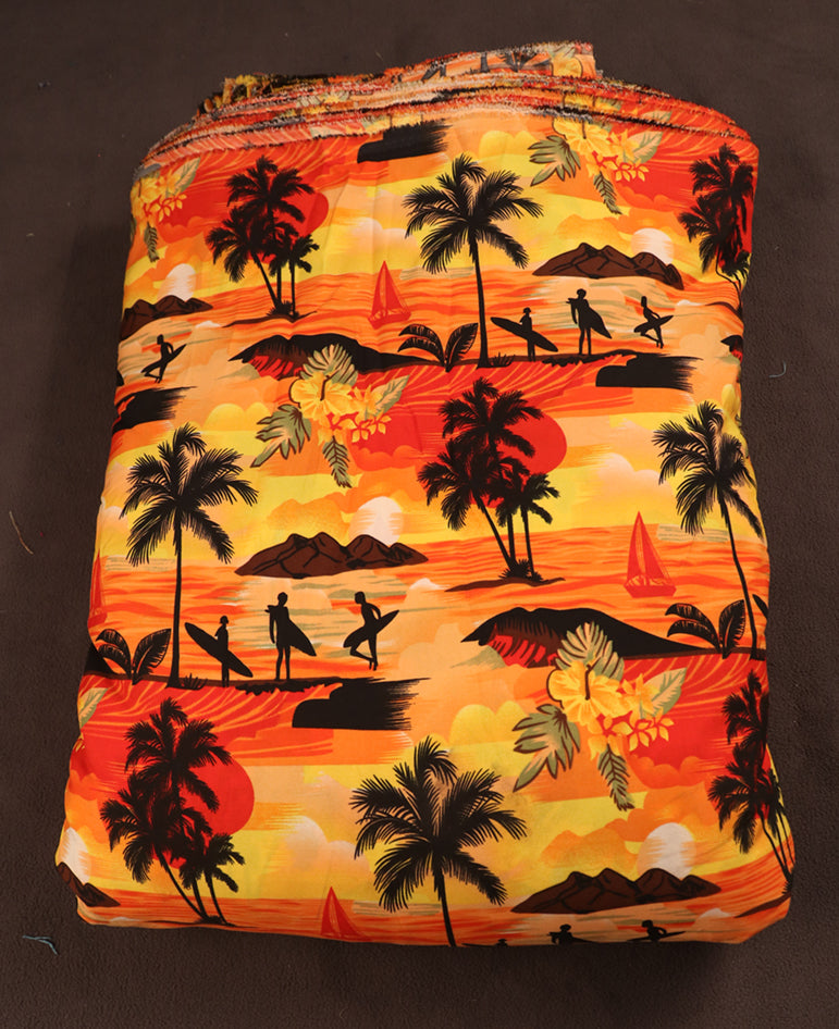 Surfer & Tropical Island Scenic Print Fabric