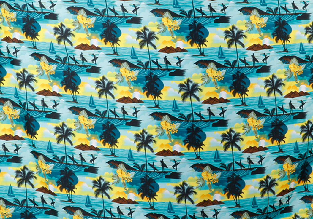 Surfer & Tropical Island Scenic Print Fabric