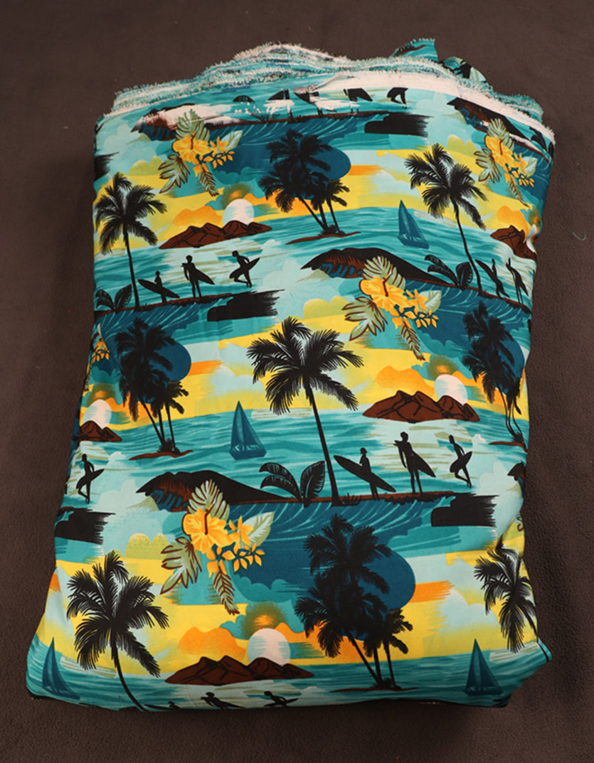 Surfer & Tropical Island Scenic Print Fabric