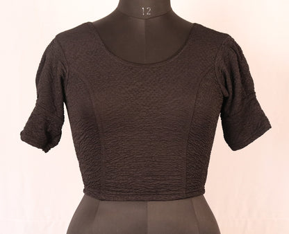 Stylish Textured  Fabric Puff Shoulder Black Blouse for Women