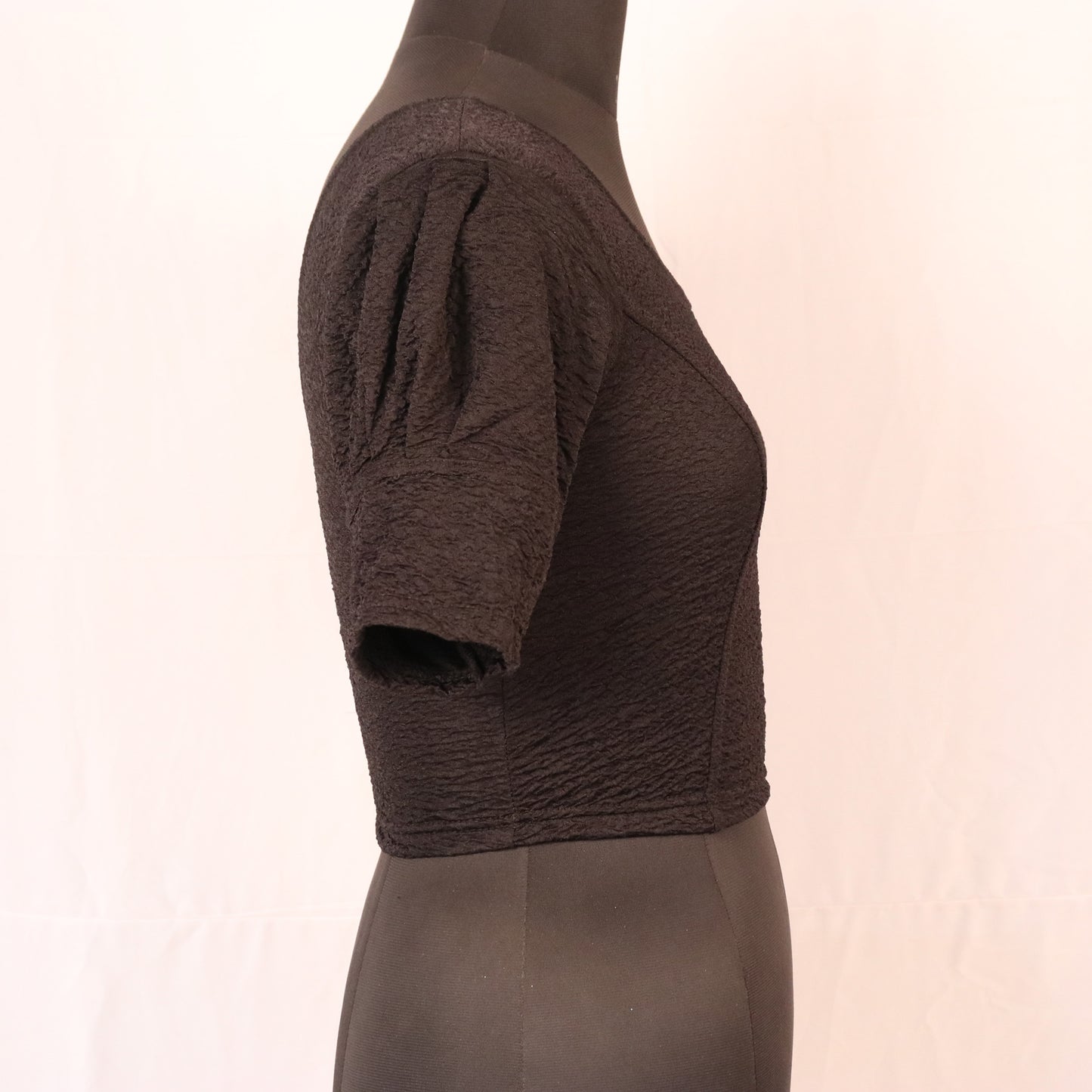 Stylish Textured  Fabric Puff Shoulder Black Blouse for Women