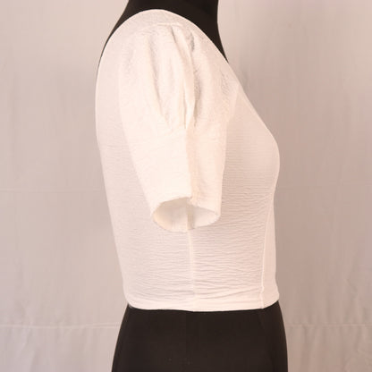 Stylish Textured  Fabric Puff Shoulder White Blouse for Women