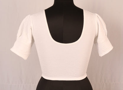 Stylish Textured  Fabric Puff Shoulder White Blouse for Women