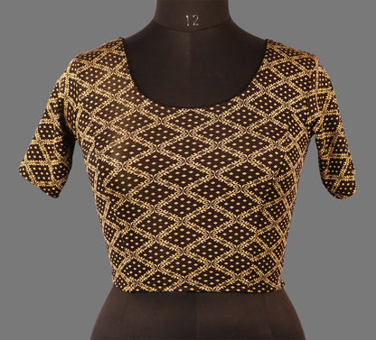 Women's Black & Gold Jacquard Stretchable Lycra Readymade Blouse