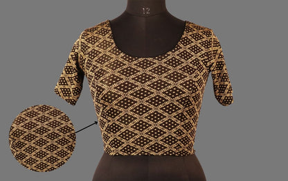 Women's Black & Gold Jacquard Stretchable Lycra Readymade Blouse