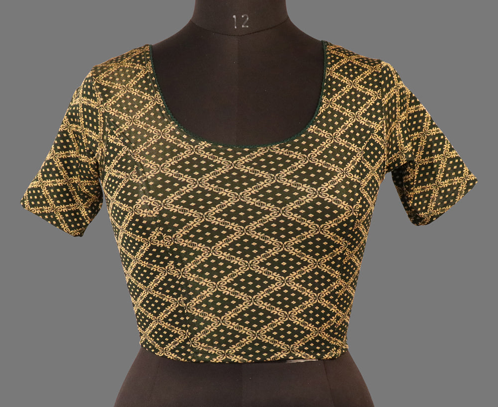 Women's Green & Gold Jacquard Stretchable Lycra Readymade Blouse