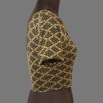 Women's Green & Gold Jacquard Stretchable Lycra Readymade Blouse