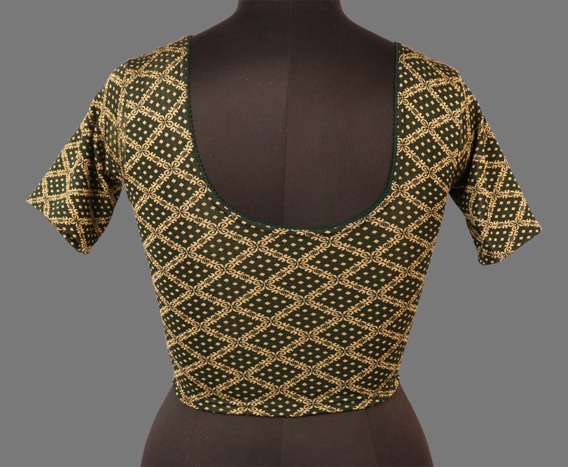 Women's Green & Gold Jacquard Stretchable Lycra Readymade Blouse
