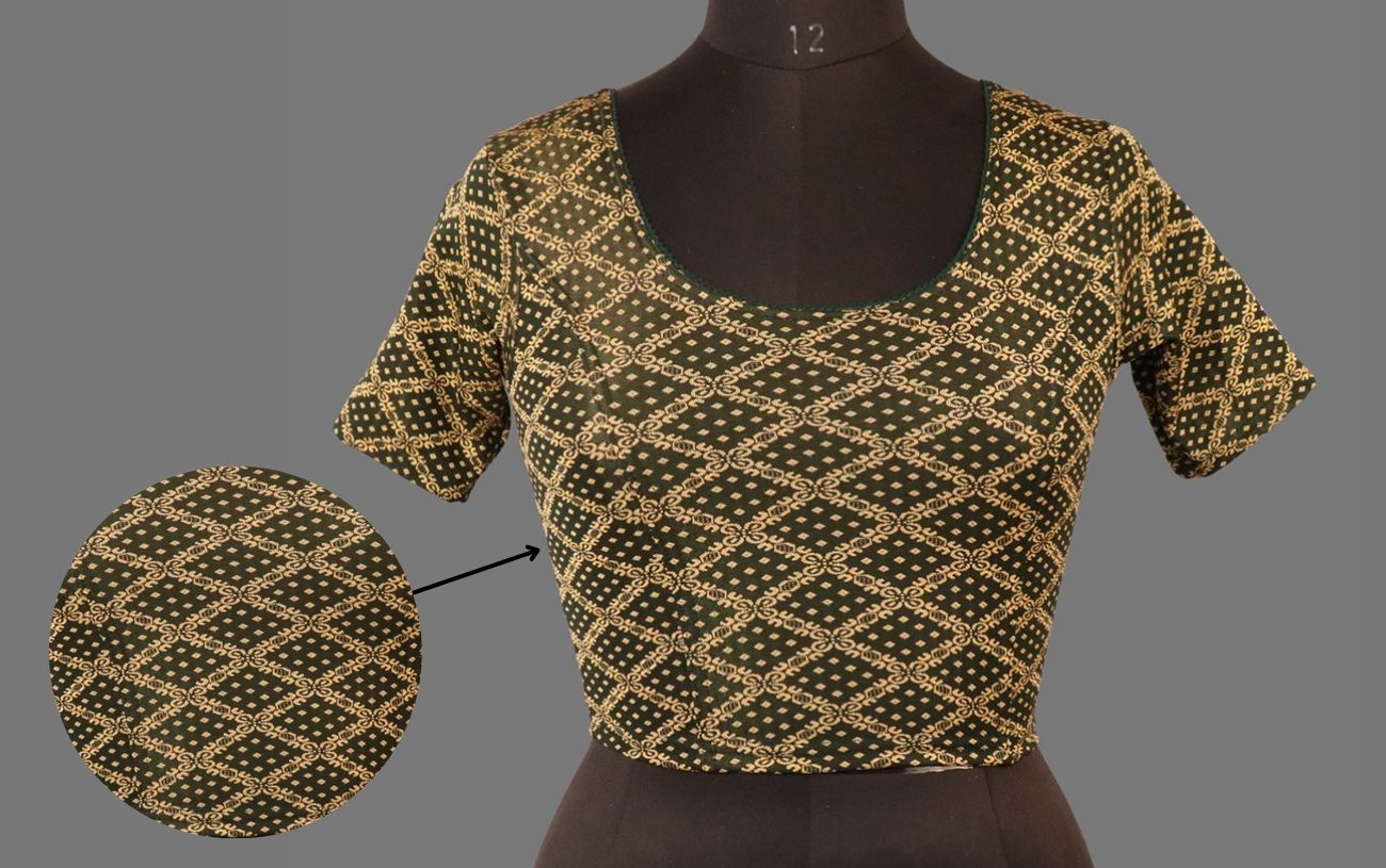 Women's Green & Gold Jacquard Stretchable Lycra Readymade Blouse
