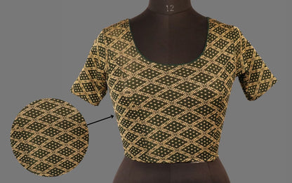 Women's Green & Gold Jacquard Stretchable Lycra Readymade Blouse