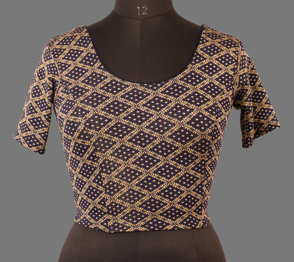 Women's Navy Blue & Gold Jacquard Stretchable Lycra Readymade Blouse