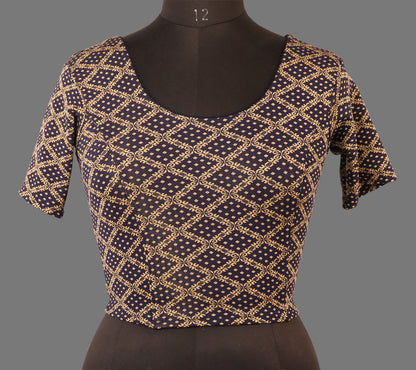 Women's Navy Blue & Gold Jacquard Stretchable Lycra Readymade Blouse