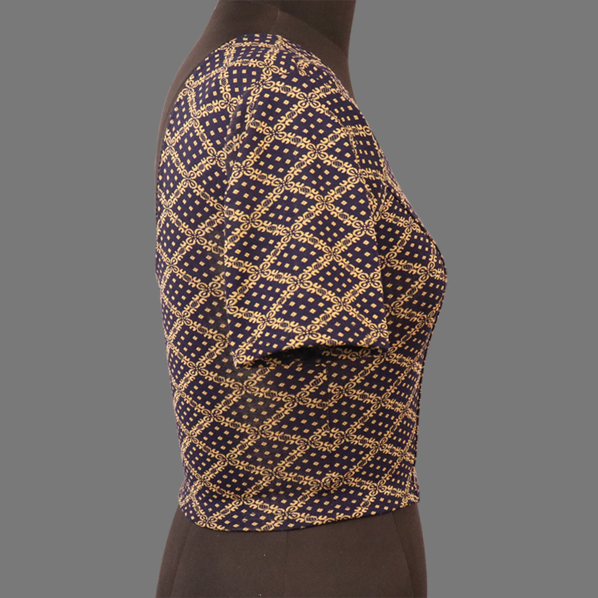 Women's Navy Blue & Gold Jacquard Stretchable Lycra Readymade Blouse