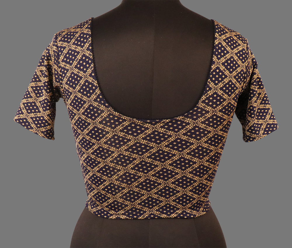 Women's Navy Blue & Gold Jacquard Stretchable Lycra Readymade Blouse