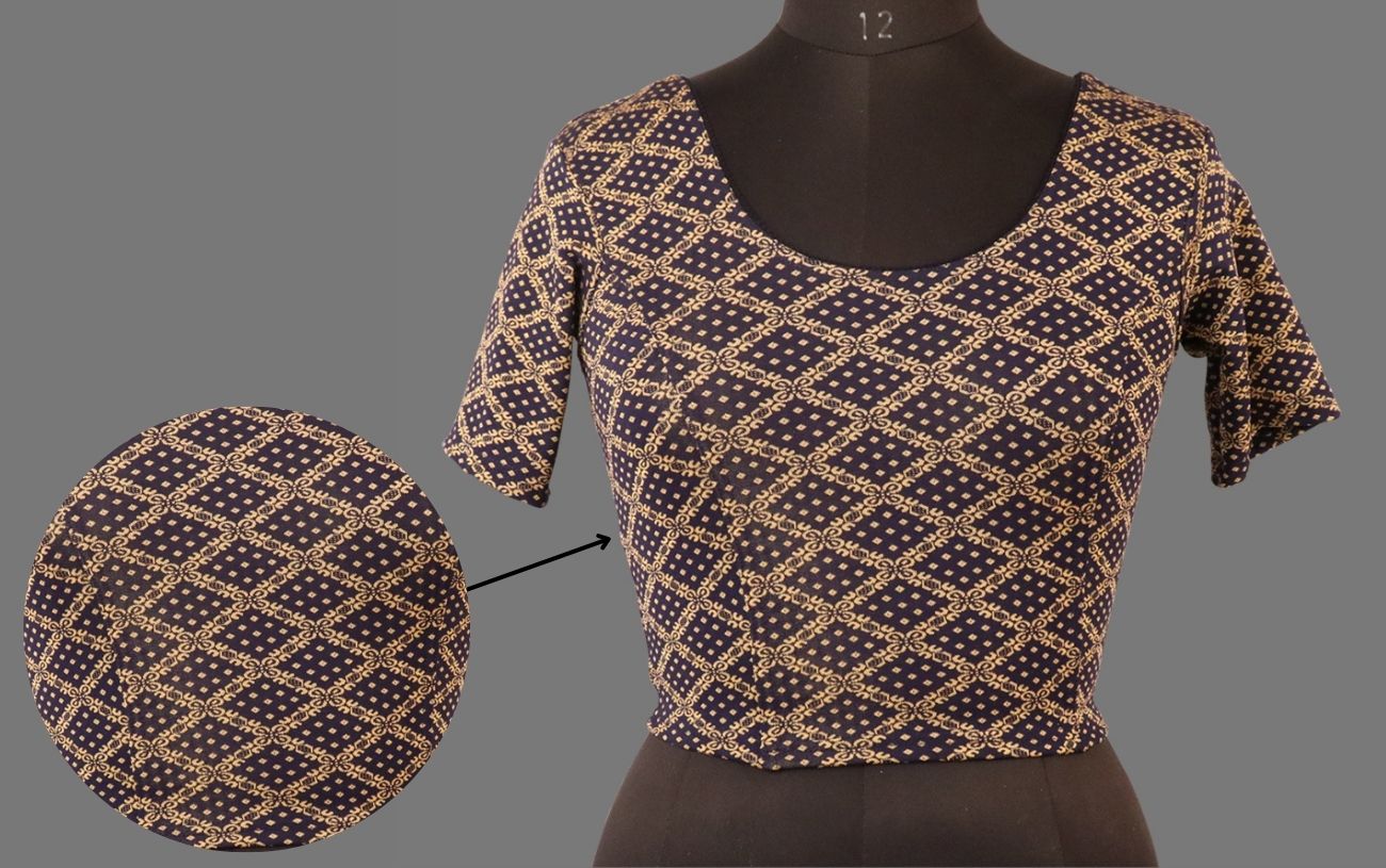 Women's Navy Blue & Gold Jacquard Stretchable Lycra Readymade Blouse