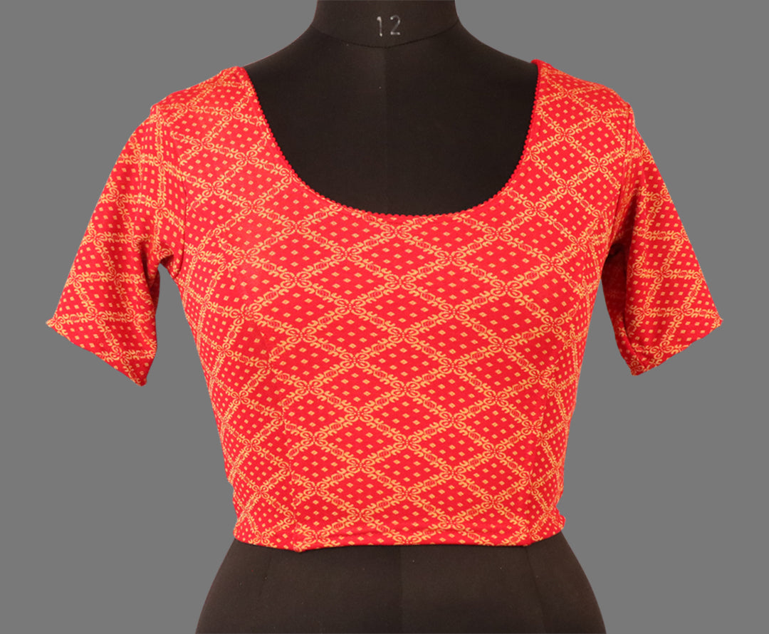 Women's Red & Gold Jacquard Stretchable Lycra Readymade Blouse
