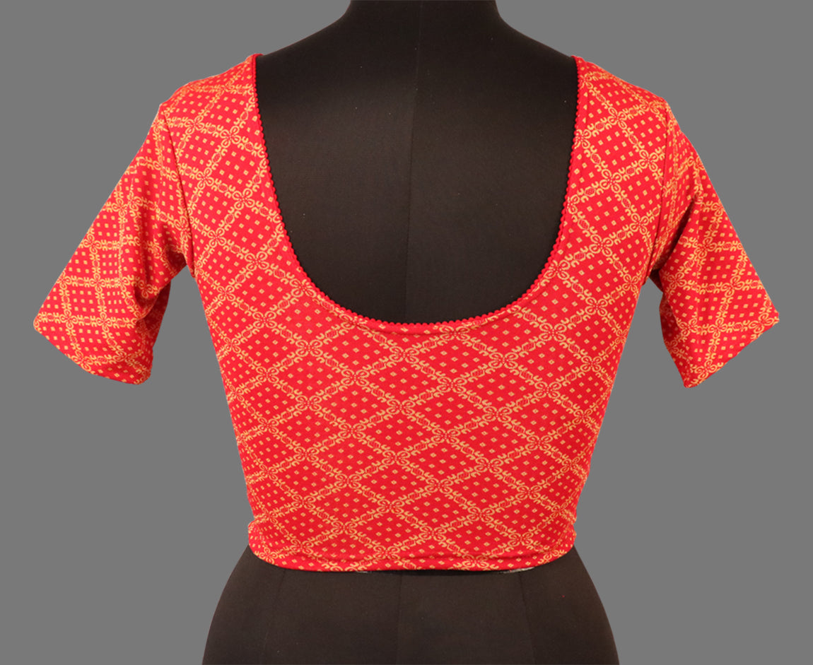 Women's Red & Gold Jacquard Stretchable Lycra Readymade Blouse