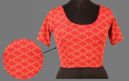 Women's Red & Gold Jacquard Stretchable Lycra Readymade Blouse