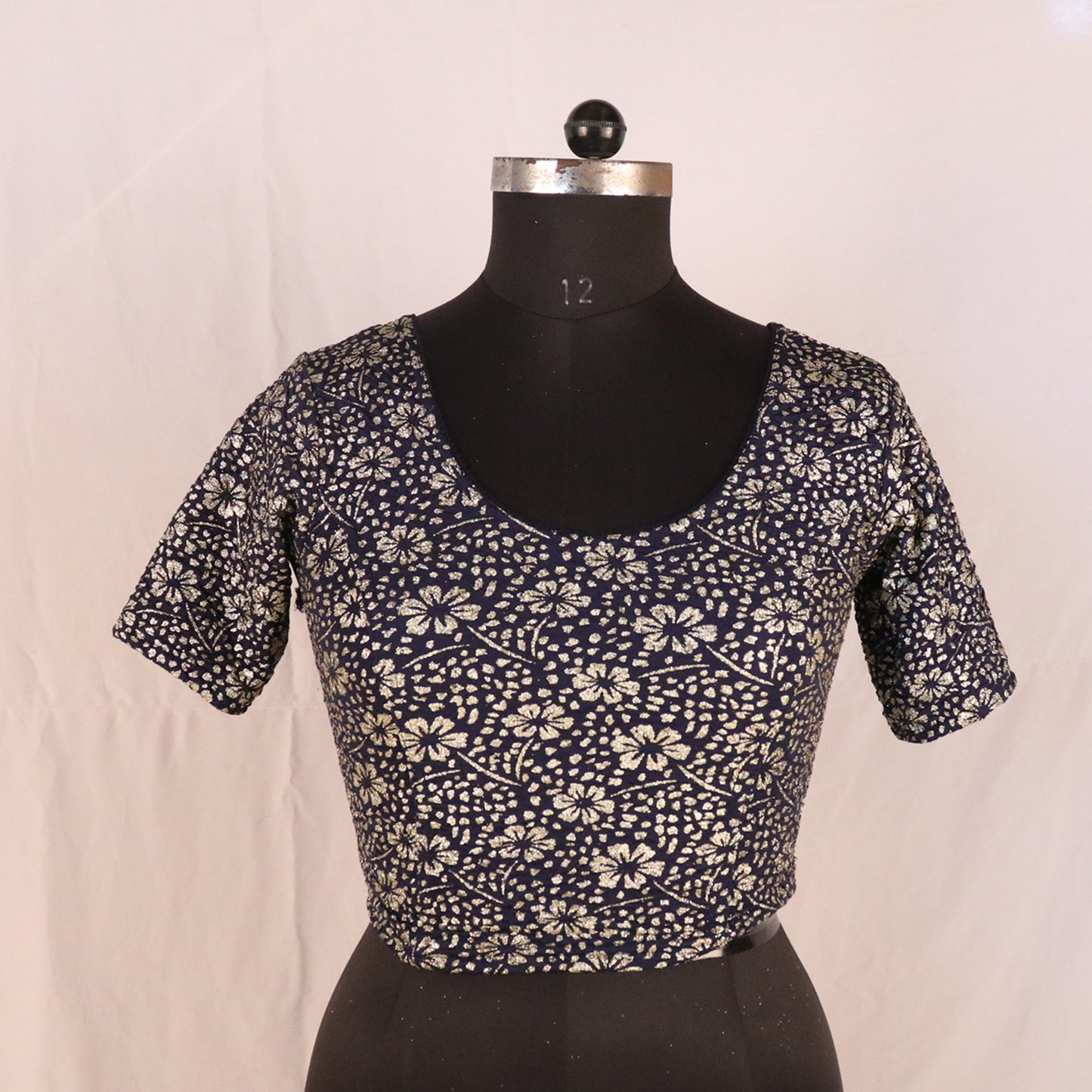 Party Wear All-Over Shimmer Floral Design with Stretch-Fit Lycra NavyBlue Blouse for Women