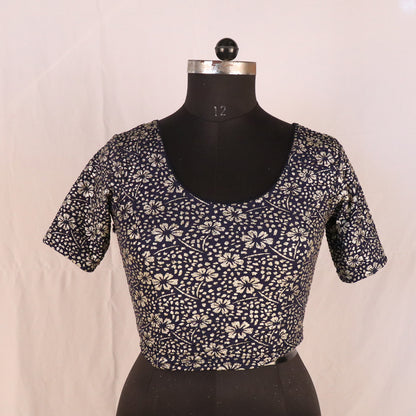 Party Wear All-Over Shimmer Floral Design with Stretch-Fit Lycra NavyBlue Blouse for Women