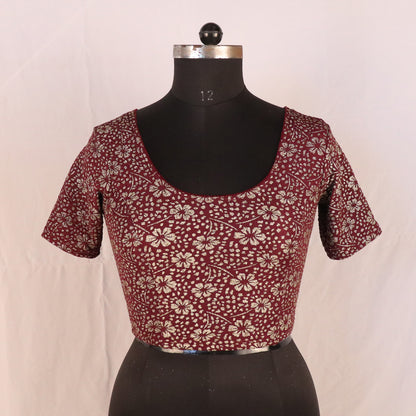 Party Wear All-Over Shimmer Floral Design with Stretch-Fit Lycra Wine Blouse for Women