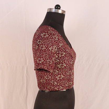 Party Wear All-Over Shimmer Floral Design with Stretch-Fit Lycra Wine Blouse for Women