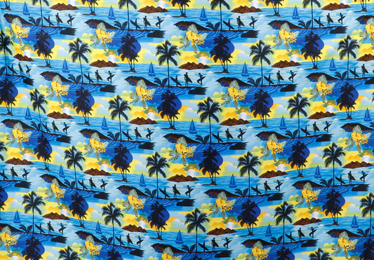 Surfer & Tropical Island Scenic Print Fabric
