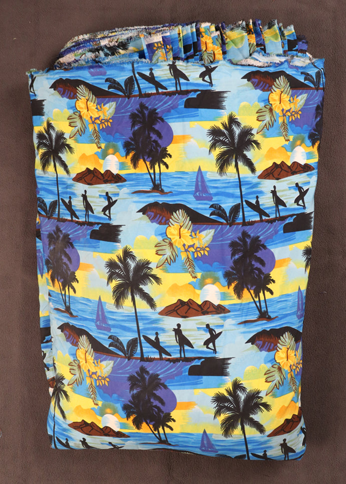 Surfer & Tropical Island Scenic Print Fabric