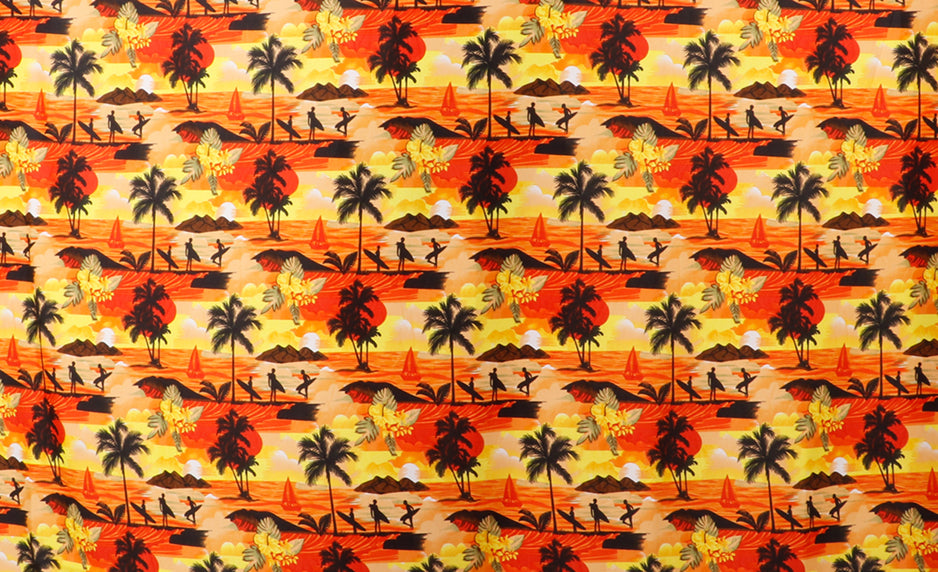 Surfer & Tropical Island Scenic Print Fabric