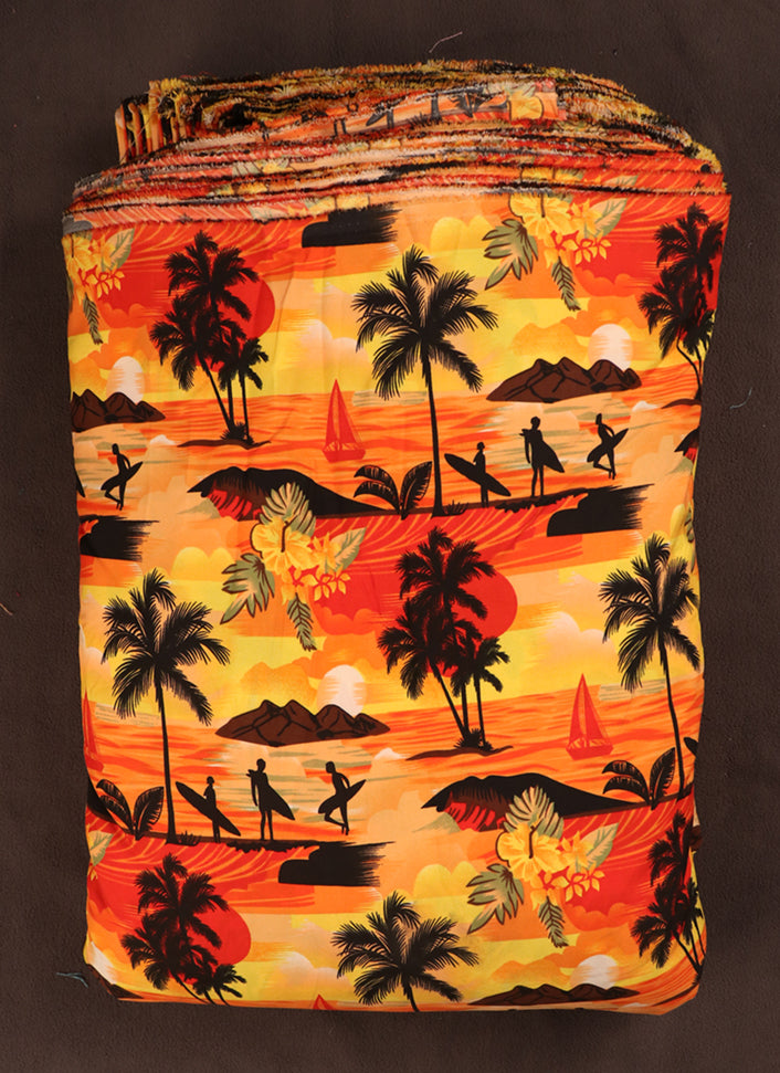 Surfer & Tropical Island Scenic Print Fabric