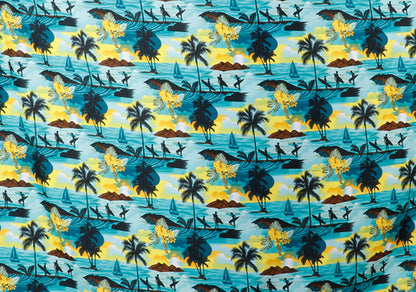 Surfer & Tropical Island Scenic Print Fabric