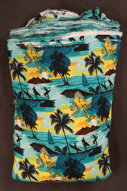 Surfer & Tropical Island Scenic Print Fabric