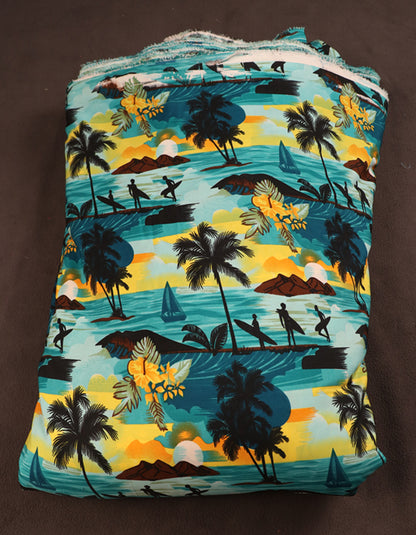 Surfer & Tropical Island Scenic Print Fabric