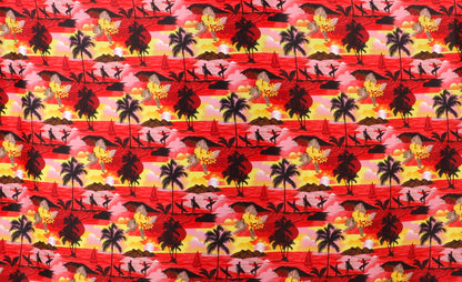 Surfer & Tropical Island Scenic Print Fabric