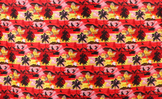 Surfer & Tropical Island Scenic Print Fabric