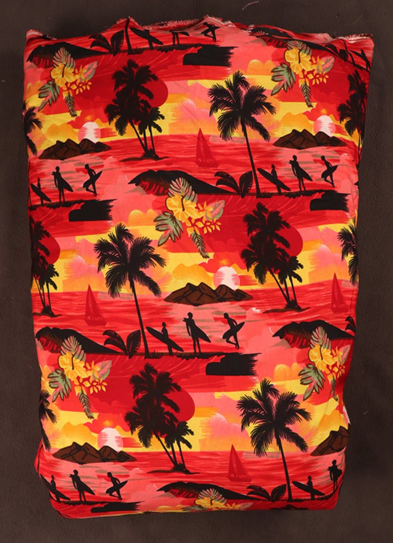 Surfer & Tropical Island Scenic Print Fabric