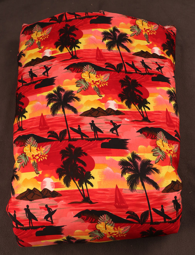 Surfer & Tropical Island Scenic Print Fabric